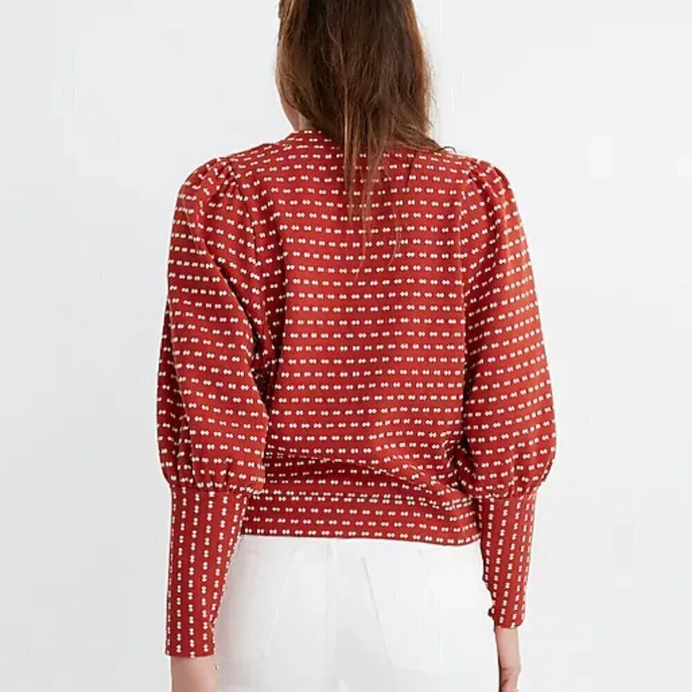 Madewell Puff-Sleeve Mockneck Top in Bow-Tie Jacquard Color Etruscan Clay Size S - Picture 3 of 9